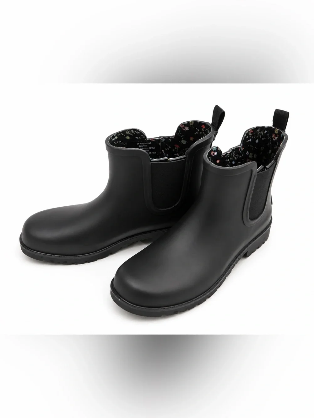 Black Chelsea-Style Rain Ankle Boots with Floral Lining